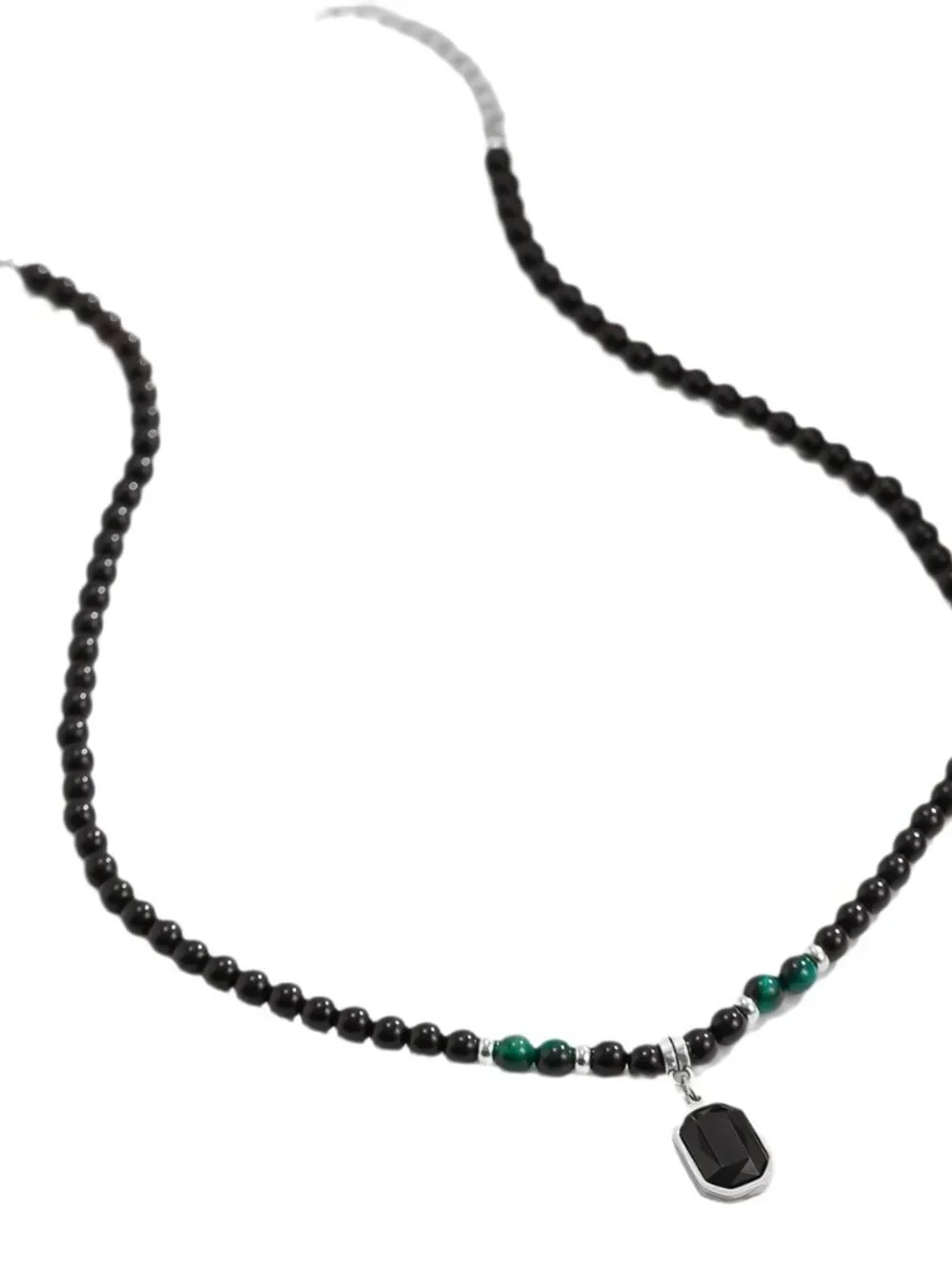 Men’s Black Beaded Necklace with Tiger Eye Stone Square Pendant Everyday Wear Je